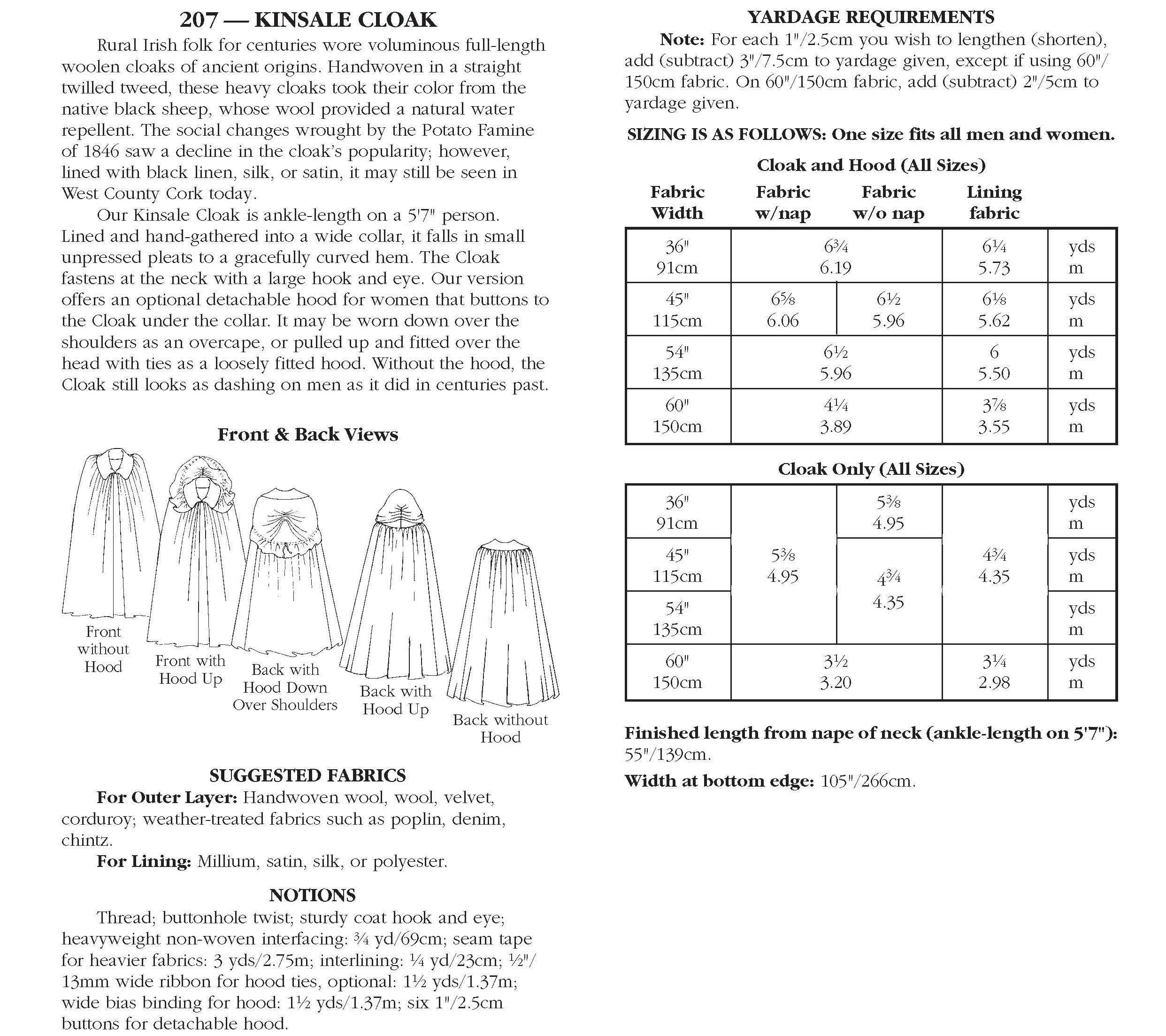 Folkwear – wholesale Costume – Women's – 207 Kinsale Cloak - Sewing Pattern10