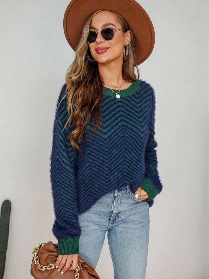 NINEXIS - Wholesale Knit Sweater - Women's - CWOSWL1707_V-neck Long Sleeve Striped Pullover Sweater