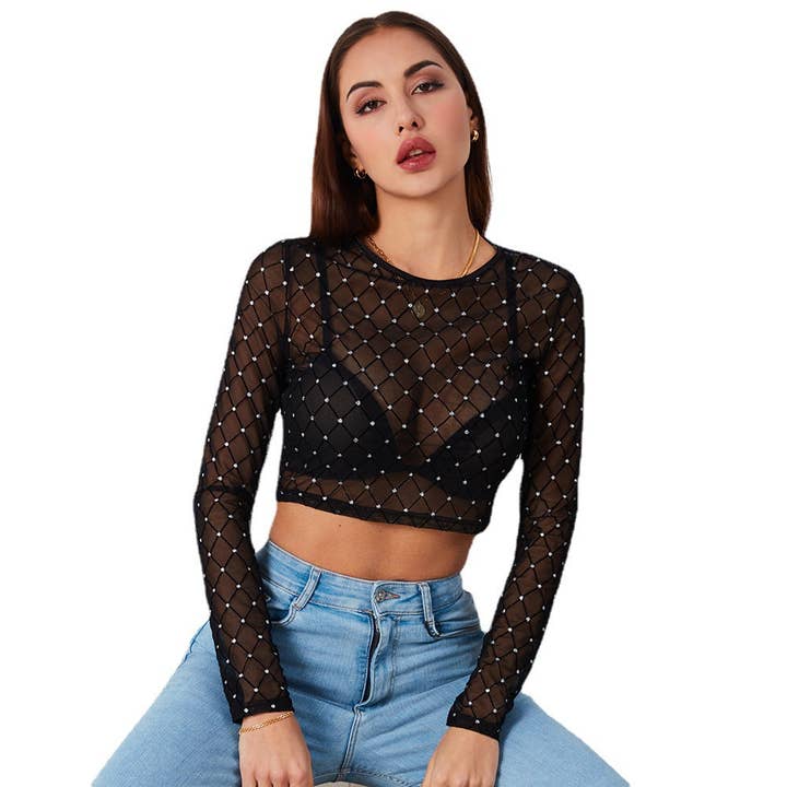 Svart Lady Short Dot Mesh Top Sexig genomskinlig långärmad T-shirt för wholesale på Faire
