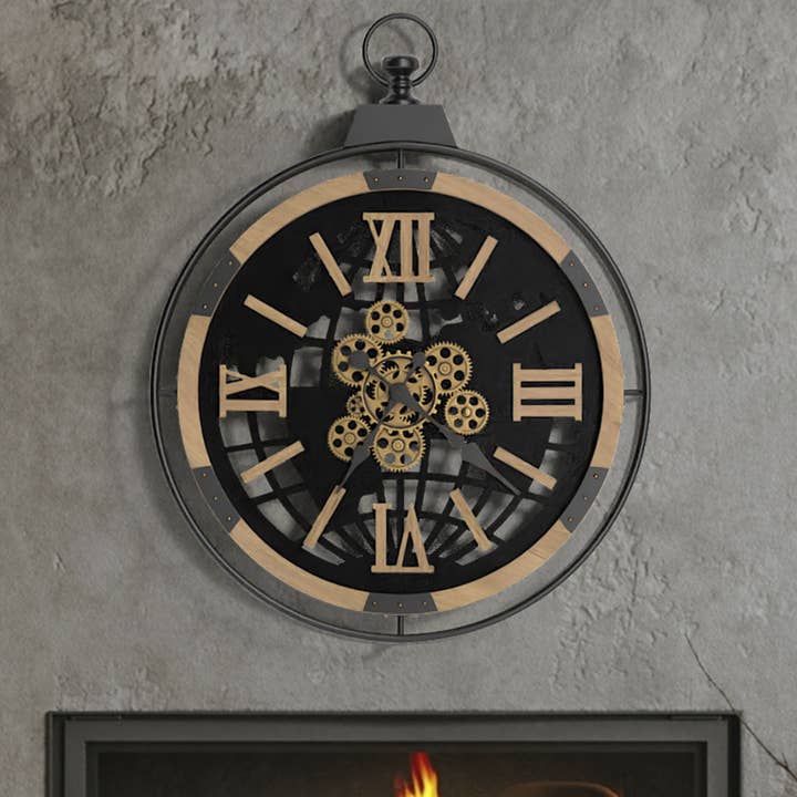 Driini - Wholesale Wall Clock - Driini Large Rustic Gear Clock with Moving Gears (Oak)