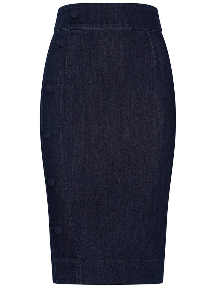 Falda lápiz de mezclilla Norma Jean de los años 50 en azul marino de Succubus Clothing para venta al por mayor de Succubus