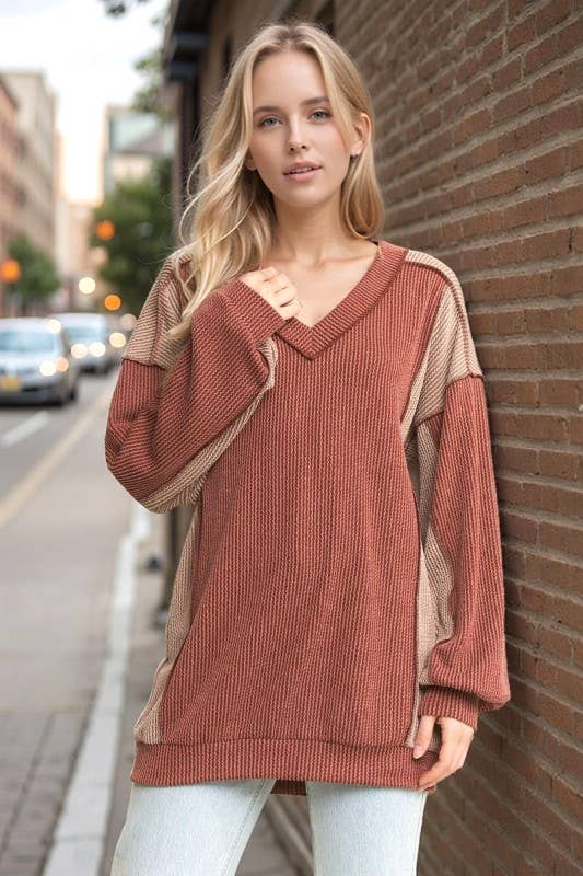 HEIMISH - Wholesale Knit Top - Women's - ET7741-10 LONG SLEEVE SOLID URBAN RIB COLOR BLOCK KNIT TOP9