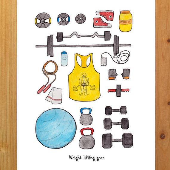 Weight Lifting Gear Print for wholesale by Jodi Lynn's Emporium of Doodles