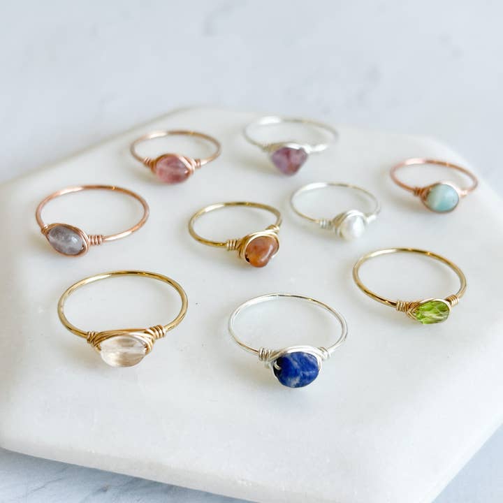 Red Giraffe Designs - Wholesale Single Stone/Solitaire Ring - Assorted Semi-Precious Stone Wire Wrapped Rings