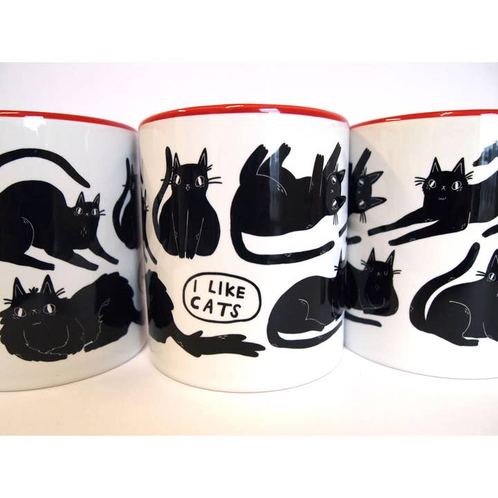 I LIKE CATS - Wholesale Coffee mug - Black Cats Coffee Mug, red handle, illustrated mug5