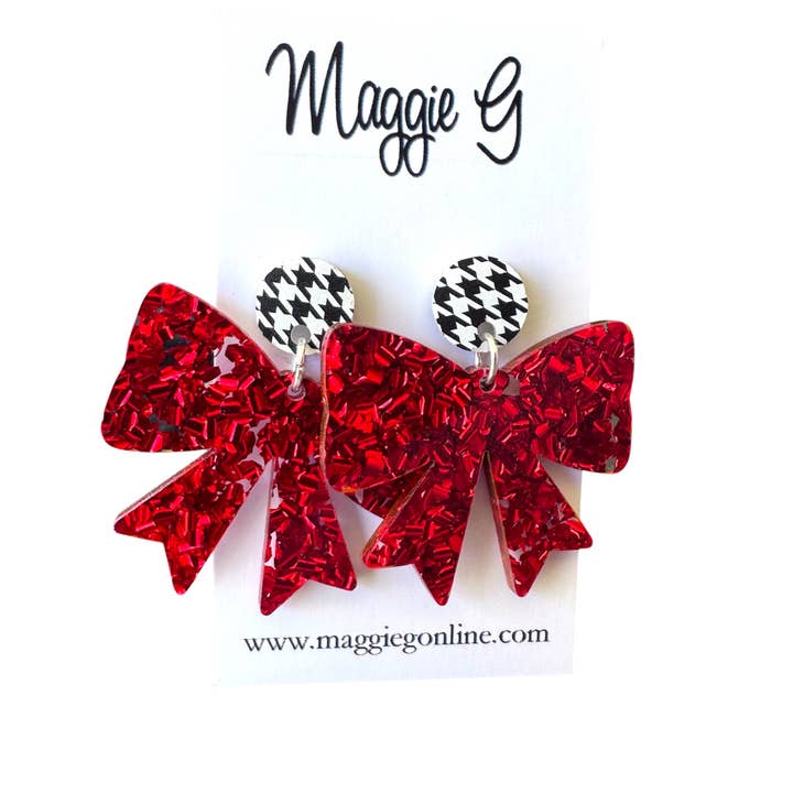 Maggie G - Wholesale Dangle Earrings - Coquette Bow Earrings Red Glitter Houndstooth