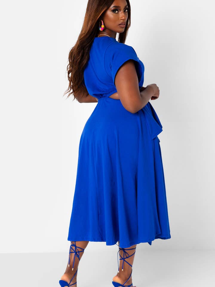 Selfie Ready Cut Out High Slit Midi Skater Dress - Royal Blue for wholesale on Faire3