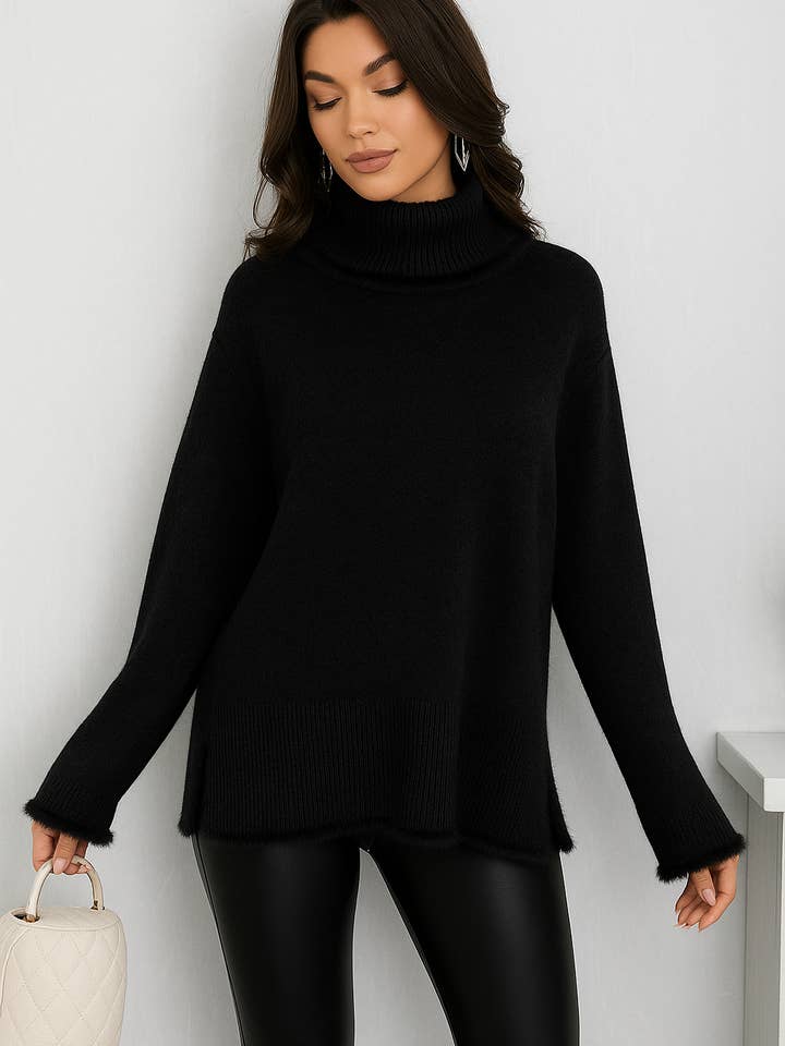 SOFT KNIT ROLL NECK JUMPER WITH FAUX FUR TRIM for wholesale by Lucy Sparks