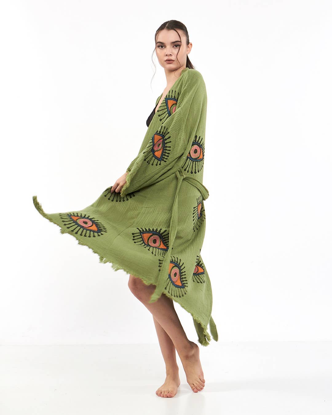 Yaz Concepts - Wholesale Kimono - Women's - Turkish Evil Eye Print Olive Green Robe Festival Kimono Gown5