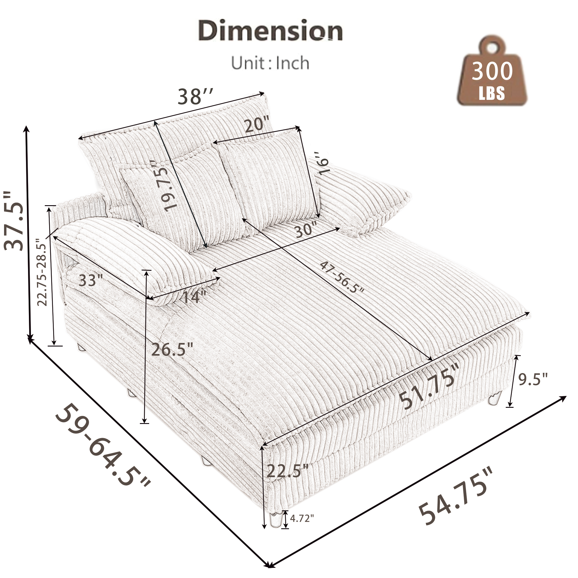 39F Inc. - Wholesale Sofa - NEW 54.75" Green Corduroy Chaise Lounge - 4 Gears, 2 Pillows10