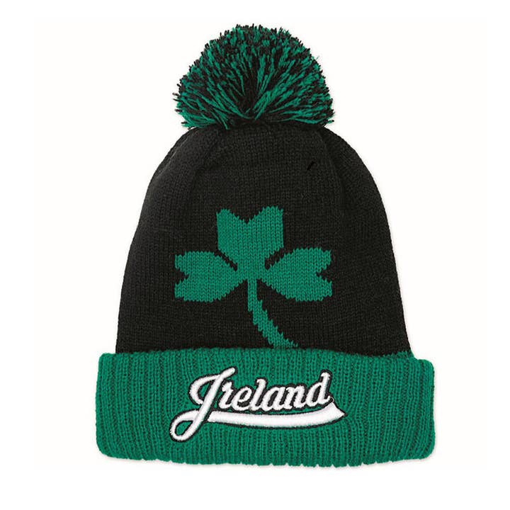 Black & Green Irish Shamrock Cuffed Beanie for wholesale by Dublin Gift Company
