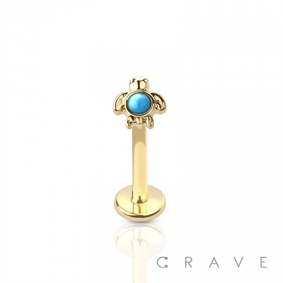 CRAVE - Wholesale Stud/Post Earrings - INTERNALLY THREADED TURQUOISE SEA TURTLE TOP 316L SS LABRET0