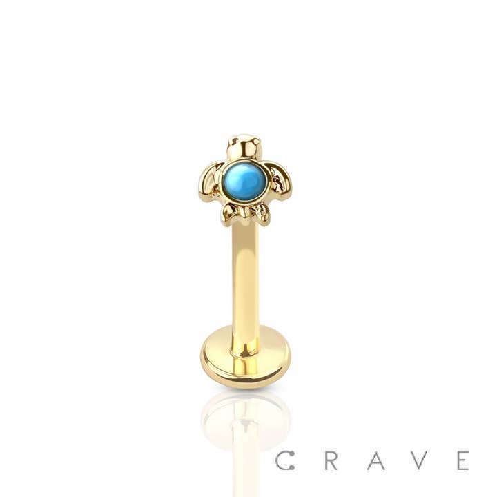 CRAVE - Wholesale Stud/Post Earrings - INTERNALLY THREADED TURQUOISE SEA TURTLE TOP 316L SS LABRET