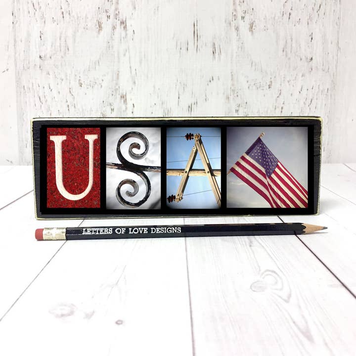 USA Sign with American Flag, Handmade Patriotic Home Decor for wholesale by Letters Of Love Designs