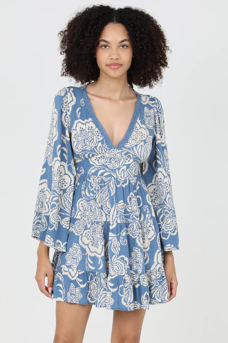 ANGIE – wholesale Dress – Women's – C4B15-A888 V NECK LACE TRIM FLARE SLEEVE DRESS5