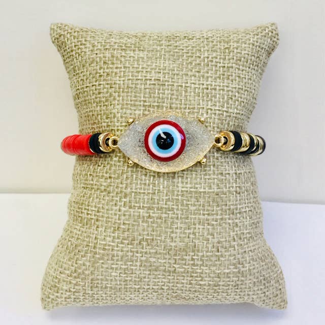 StarryNYC - Vendita all'ingrosso Bracciale con perline - Ciondolo Evil Eye Druzy con braccialetto elasticizzato con perline Heish 2