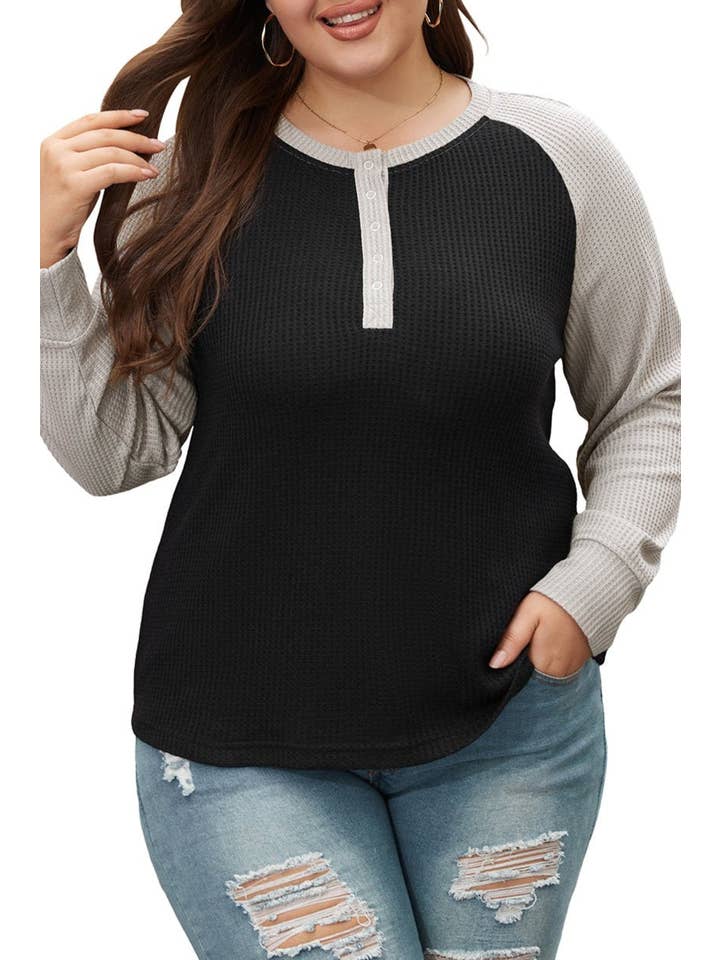Black Plus Size Waffle Knit Buttoned Henley Top for wholesale on Faire