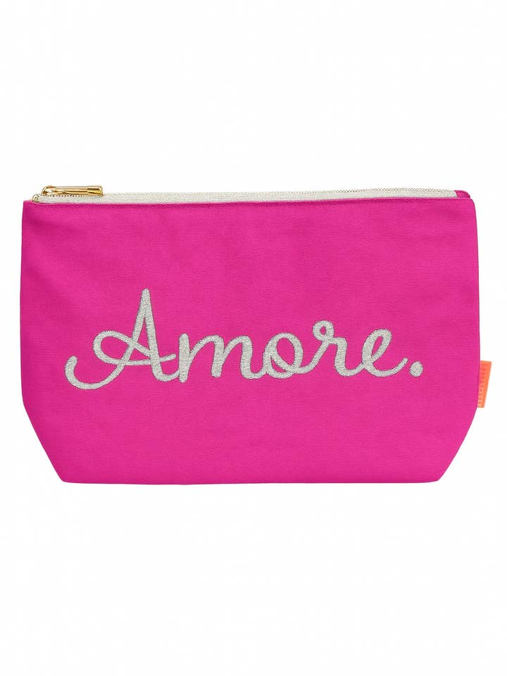 Cosmetic Bag Pink "Amore" Linen Bag with Silver Embroidery – Italian Print for wholesale by T.Tolein