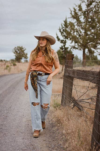 Tirzah Lane Art - Wholesale Scarf - Women's - Western Harvest in Deep Juniper Silk Cowgirl Wild Rag Scarf7