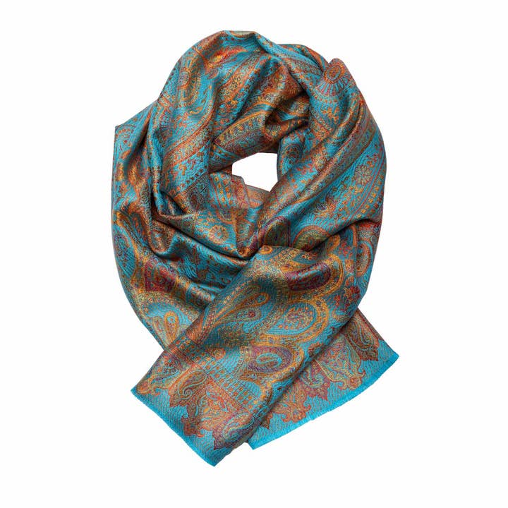 Lenço de seda turquesa com detalhes em vermelho e laranja por atacado de Shirin Sehan