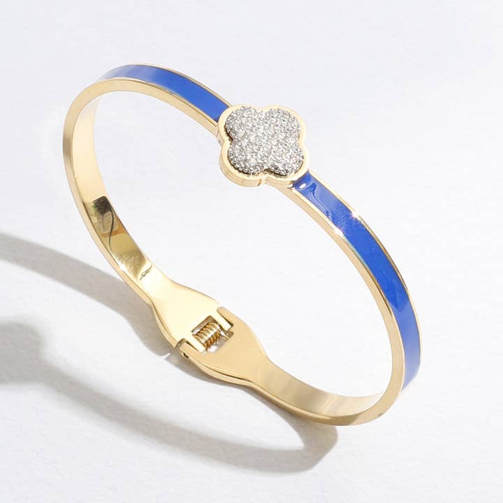 Fashion City - Wholesale Cuff Bracelet - CZ Pave Clover Colored Bangle Cuff Bracelet5