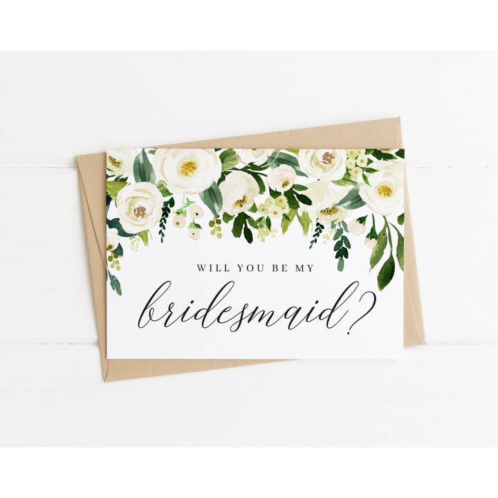 Will You Be My Bridesmaid White & Green Floral Proposal Card for wholesale by Sarah Burns Prints