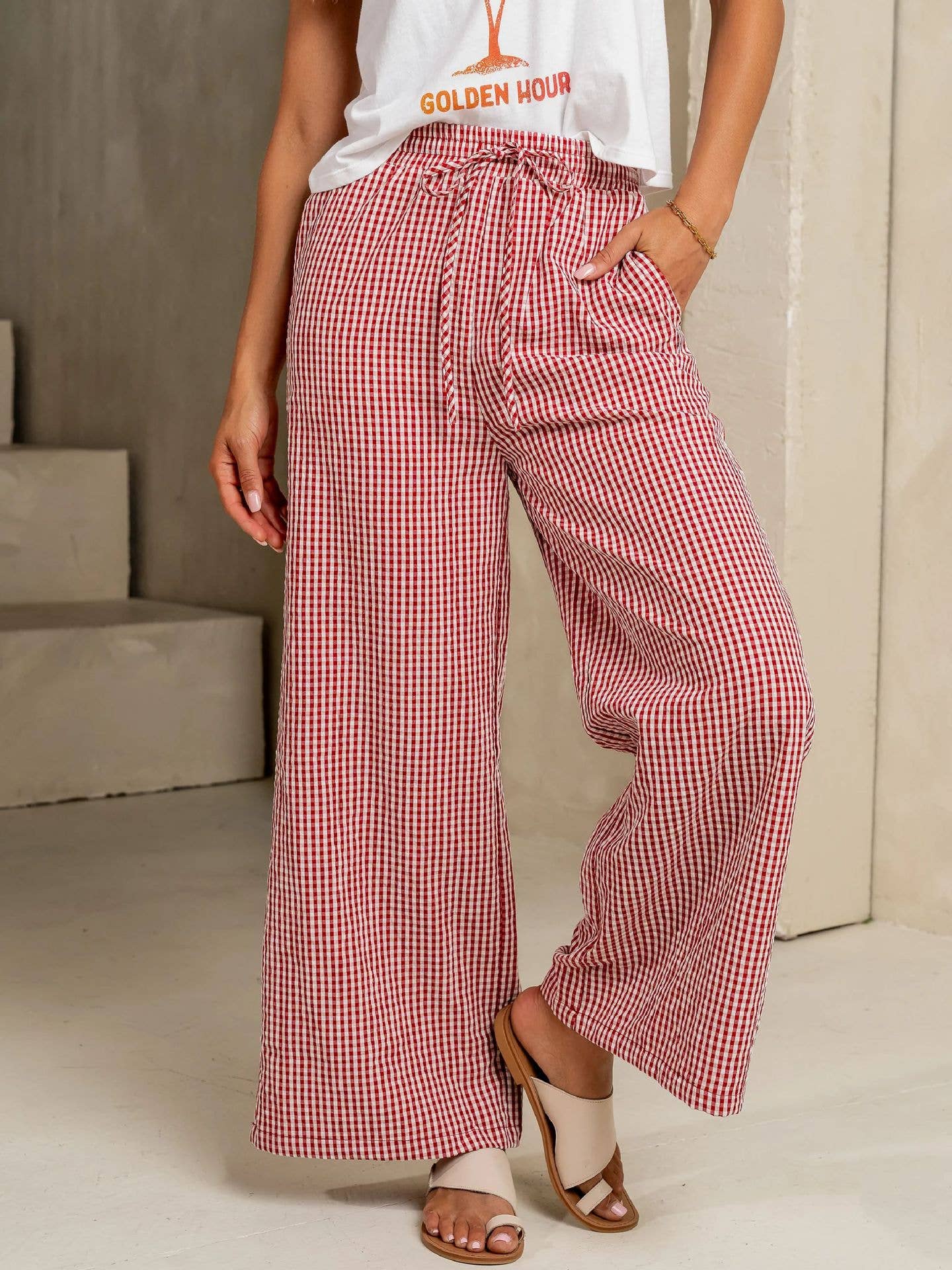 Rosa Clothing - Wholesale Pants - Women's - Vintage Y2k Gingham Laced Wide Leg Pants0