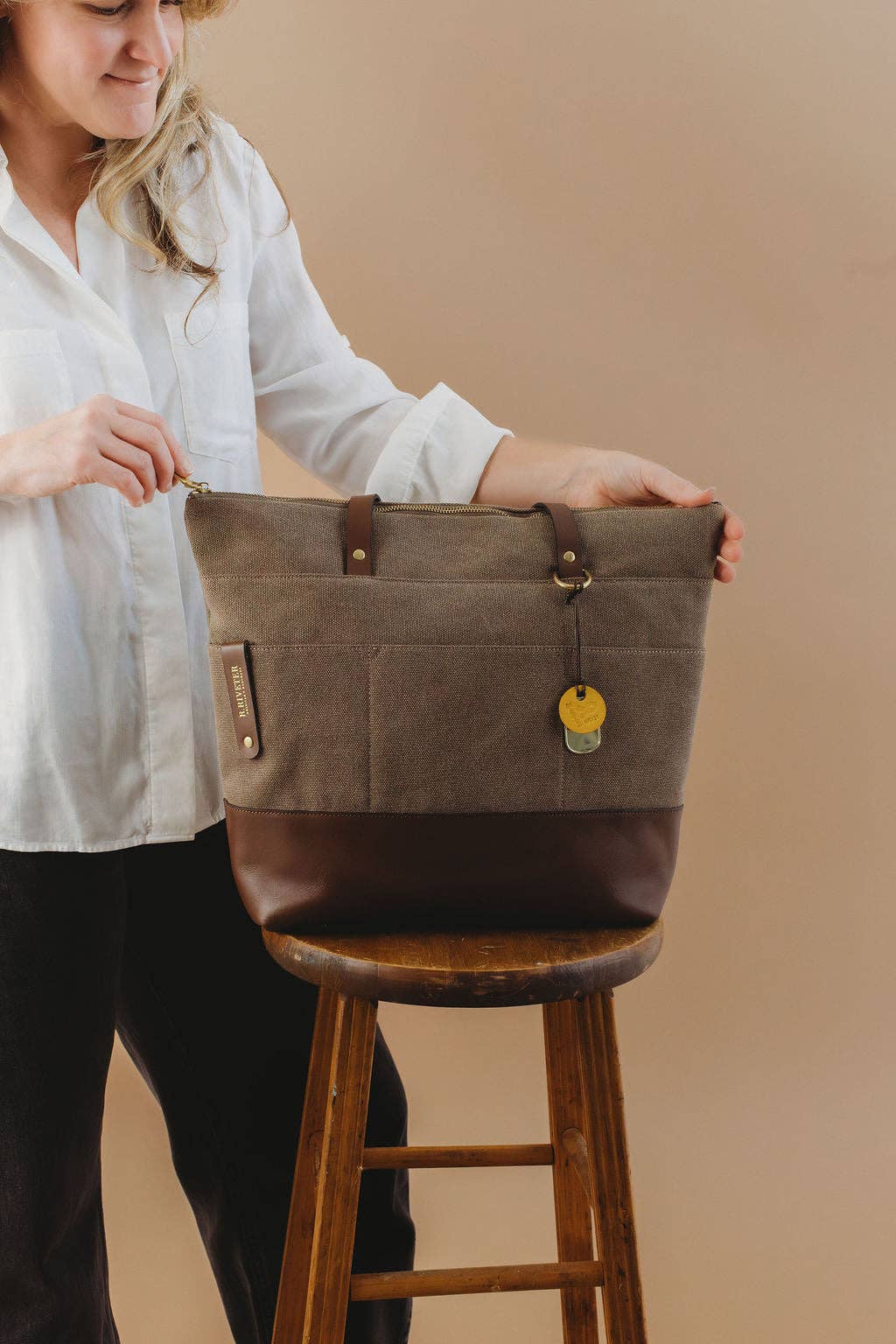R.Riveter - Wholesale Tote Bag - Women's - Harriet Tote Bag | Fatigue Washed Canvas + Brown Leather3