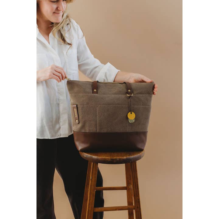 R.Riveter - Wholesale Tote Bag - Women's - Harriet Tote Bag | Fatigue Washed Canvas + Brown Leather3