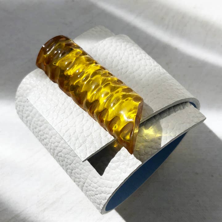 Sunshine Yellow Twist Jewel Bracelet White Leather for wholesale by Buttons Paradise