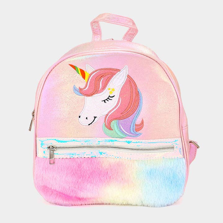 Fuzzy Unicorn Metallic Backpack Bag for wholesale by Sensibling Corp.