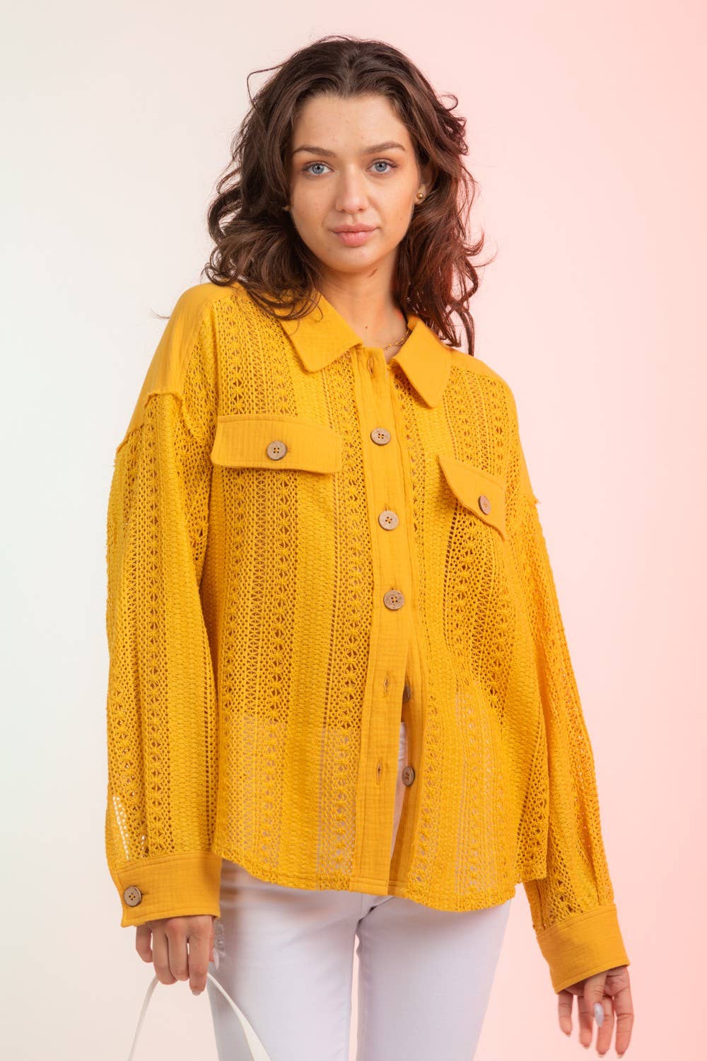 YELLOW NJ90118-Lace Crochet Button Down Sheer Shacket for wholesale on Faire5