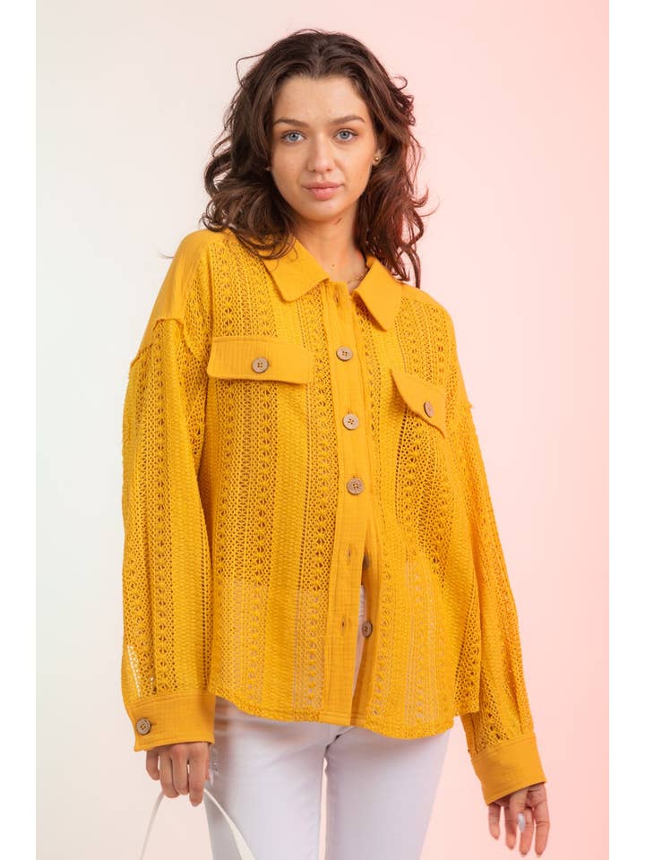 YELLOW NJ90118-Lace Crochet Button Down Sheer Shacket for wholesale on Faire5