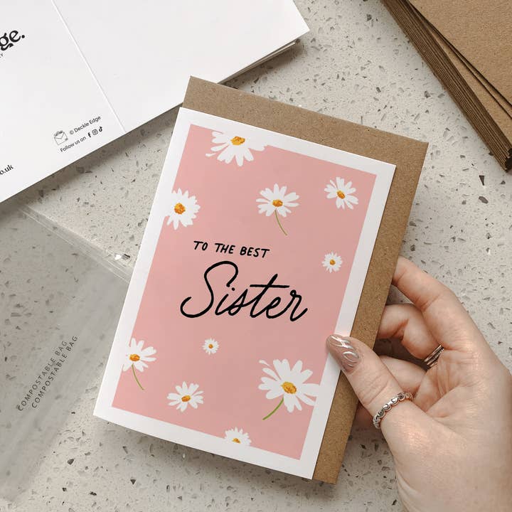 To the Best Sister! - Pink Daisy Flower Card for wholesale by Deckle Edge