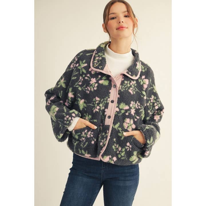 CHARCOAL NEW Floral Fleece Jacket for wholesale on Faire