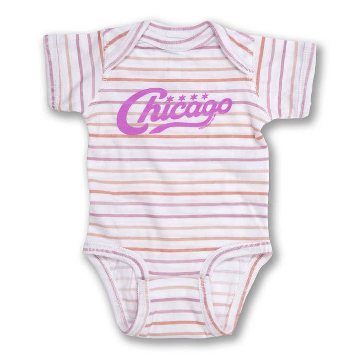 Chicago Vintage Script Infant Bodysuit - Lilac Stripe for wholesale by Transit Tees