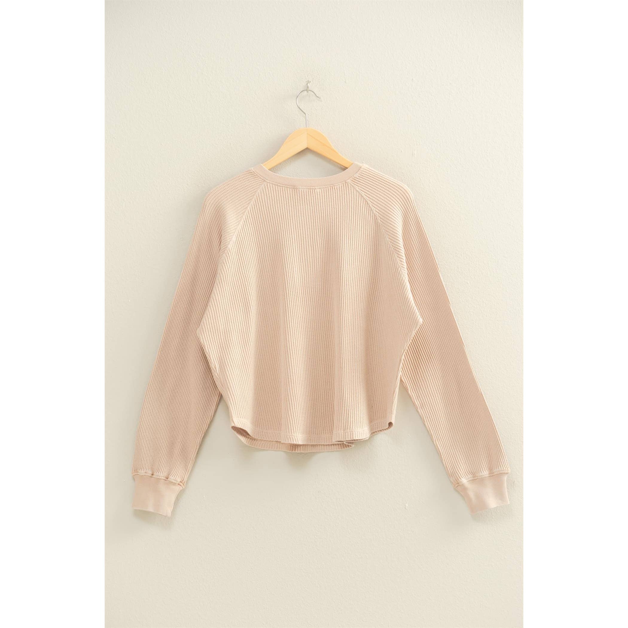 Double Zero - Wholesale Sweatshirt - Women's - Mineral Washed Henley Waffle Raglan Sleeve Top1