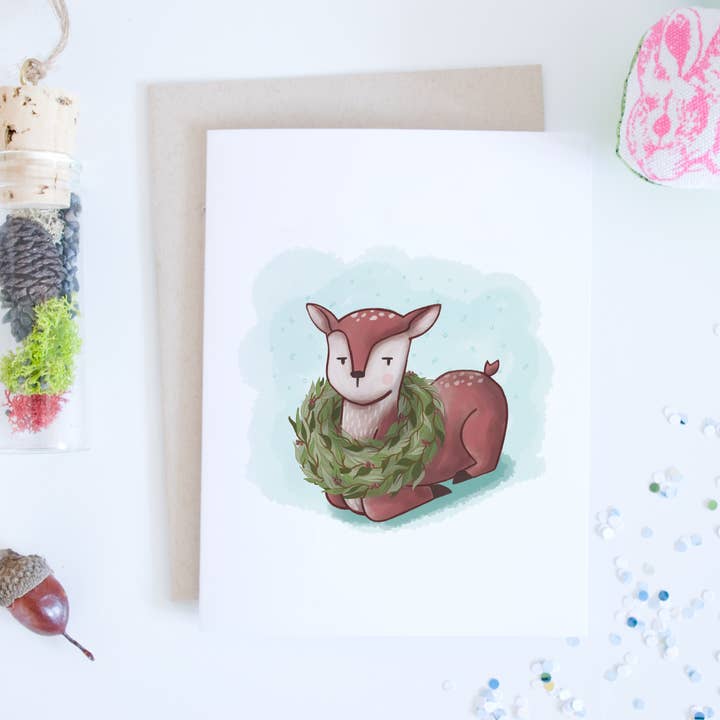 SALE // Deer and Holiday Wreath Card for wholesale by Hop & Flop