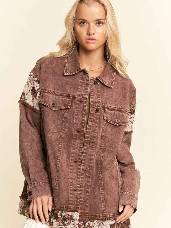 Davi & Dani - Wholesale Jacket - Women's - STONE WASHED DENIM JACQUARD PANEL MIDI JACKET14