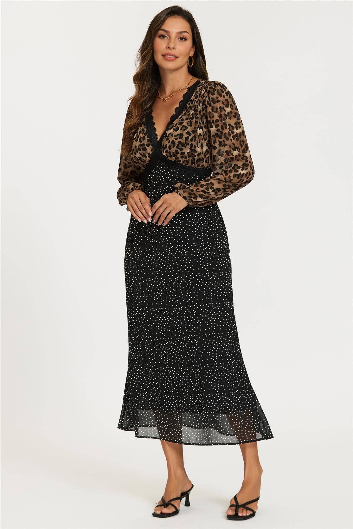 Black Dot & Brown Leopard Print Long Sleeve Maxi Dress for wholesale on Faire2