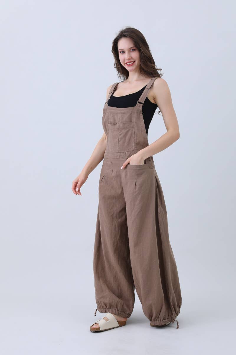Mocha Natural Linen Jumpsuit for Women – Wide Leg Adjustable Cuffs for wholesale on Faire3