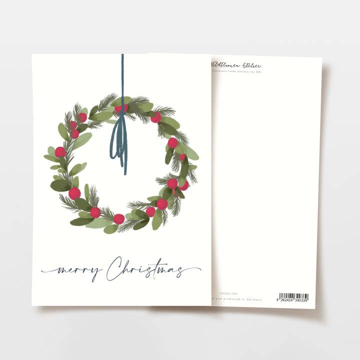 Postcard merry Christmas wreath with berries, FSC for wholesale by Wildblumen Atelier