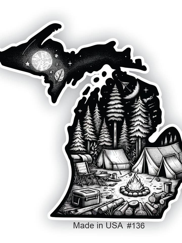 Monochrome Night Camping in Michigan Sticker for wholesale by Big monkey