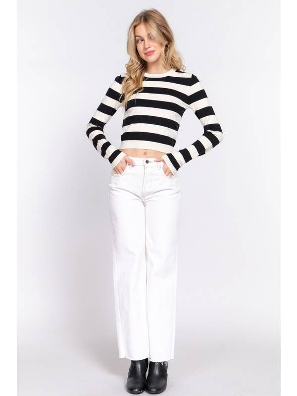 Active Basic | Active USA - Wholesale Knit Sweater - Women's - Long Sleevv Crew Neck Stripe Fitted Sweater11