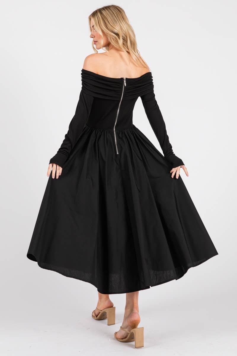Urban Daizy - Wholesale Dress - Women's - Elegant Off Shoulder Ruched Long Sleeve Spring Midi Dress15