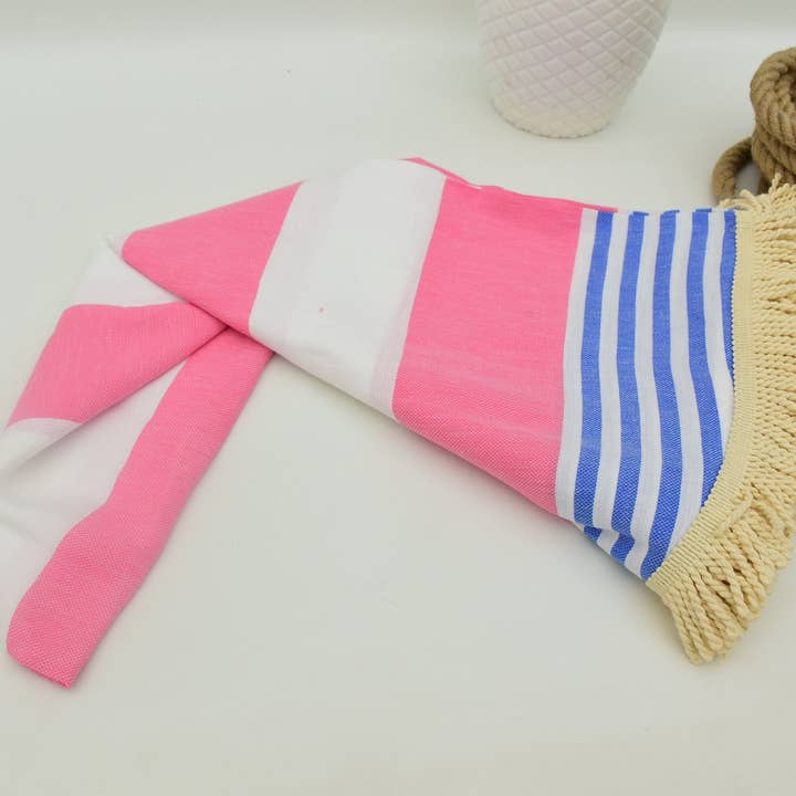 Organic Turkish Towels - Wholesale Beach towel - Beach Towel, Pink and Blue Round Towel, Turkish Circle Towel3