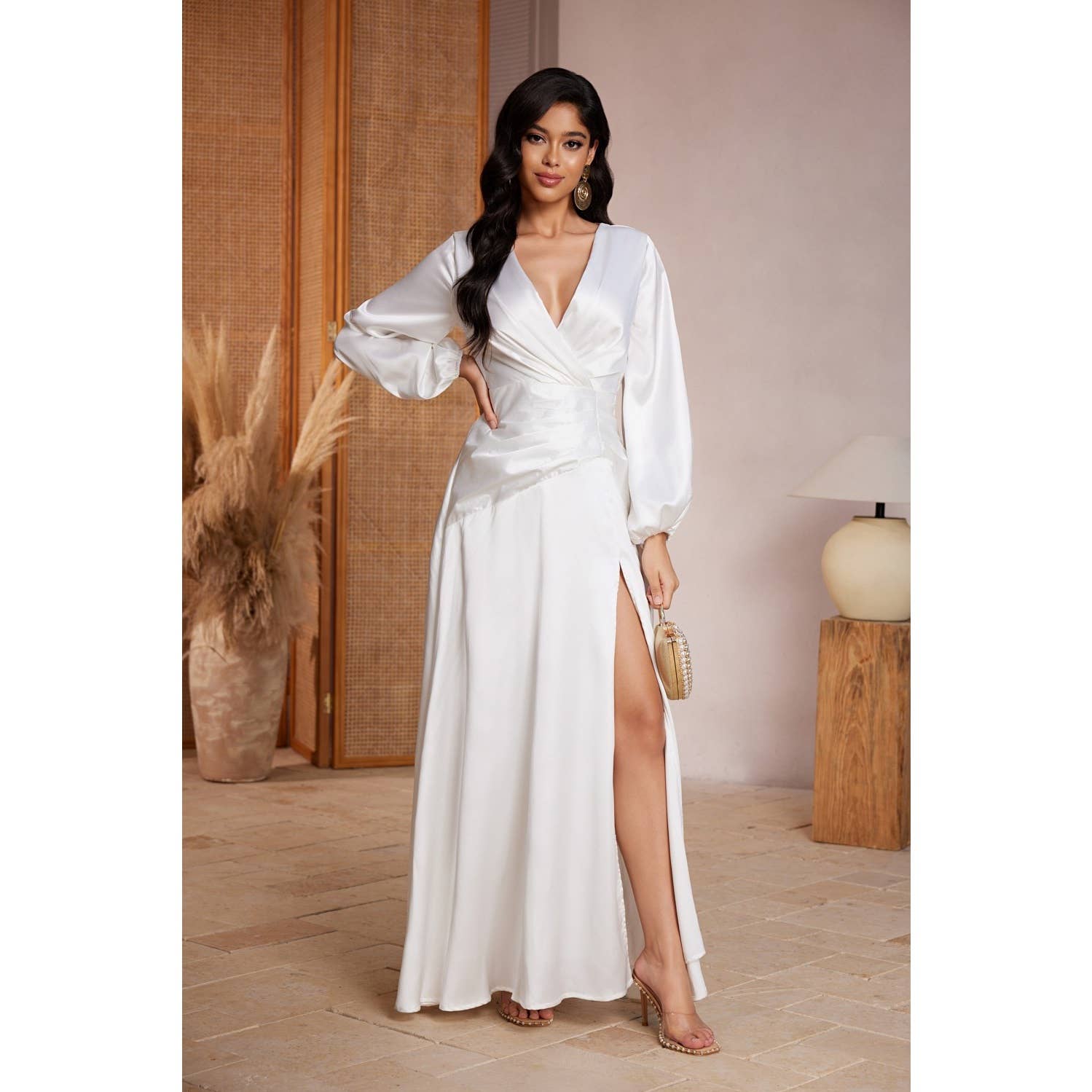 Chicways - Wholesale Dress - Women's - Solid Color Maxi Dress with Long Sleeves1
