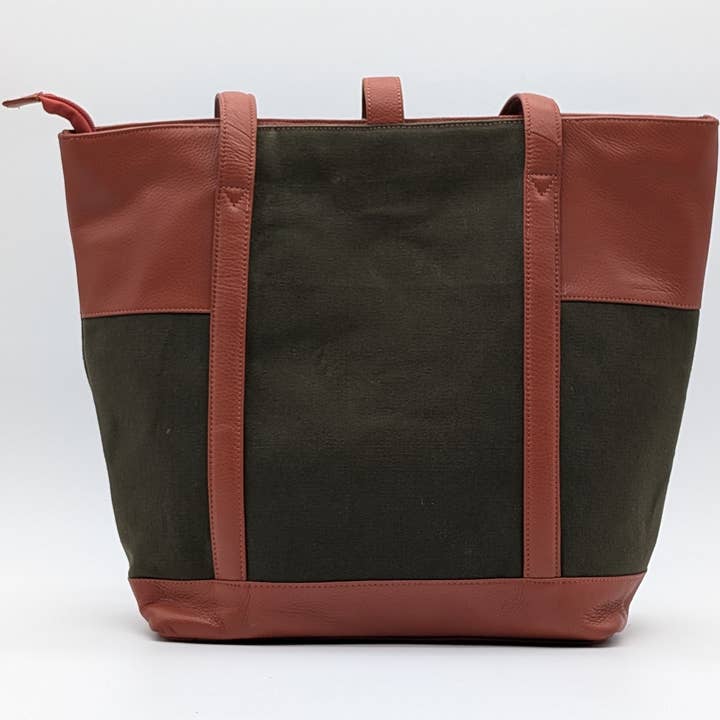 Alta Quero - Wholesale Tote Bag - Women's - Genuine Leather & Canvas Tote Bag – Green Brown Laptop & Tab6