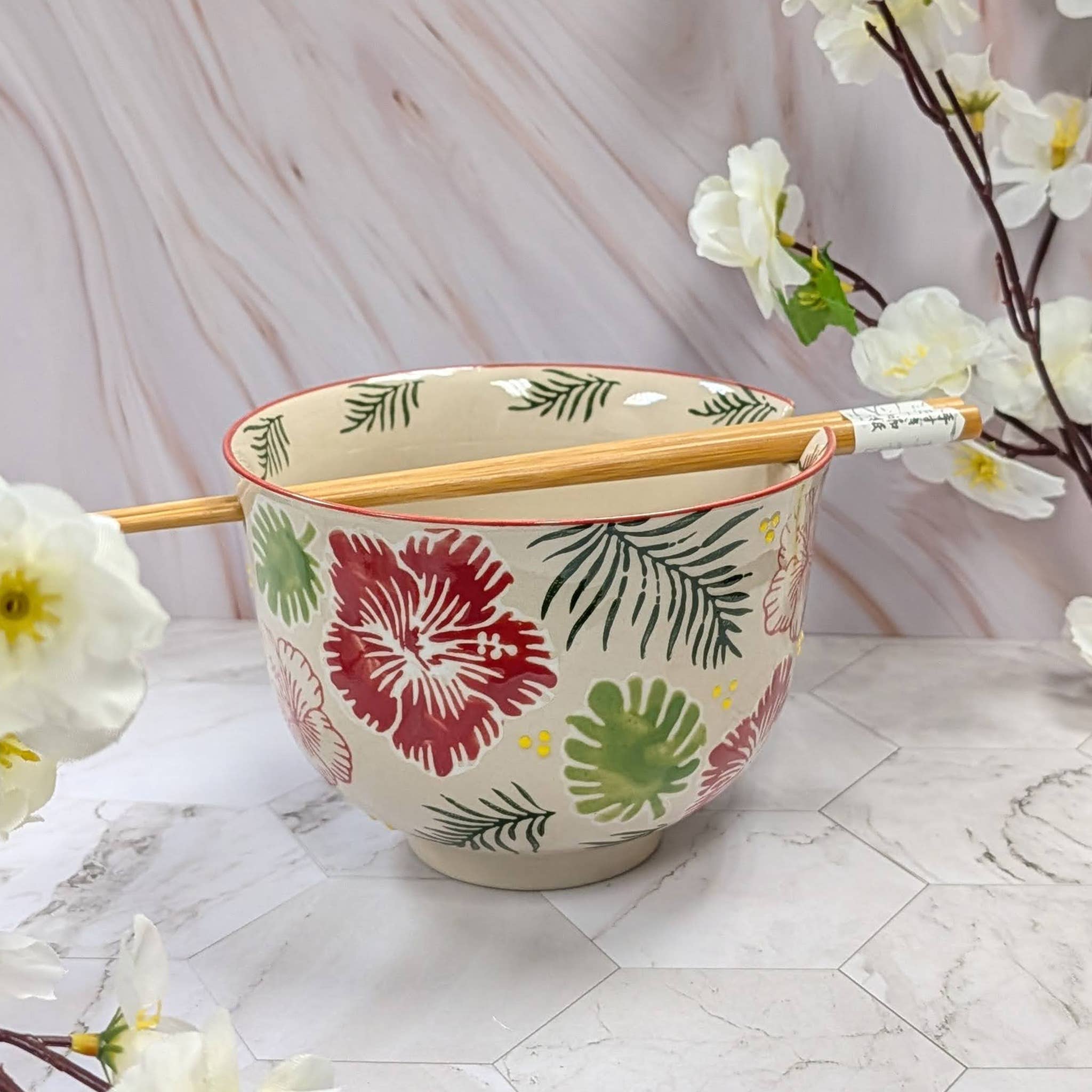 Fuji Merchandise Corporation - Wholesale Bowl - MIRA 5" BOWL WITH CHOPSTICKS – RED AND GREEN FLOWERS3