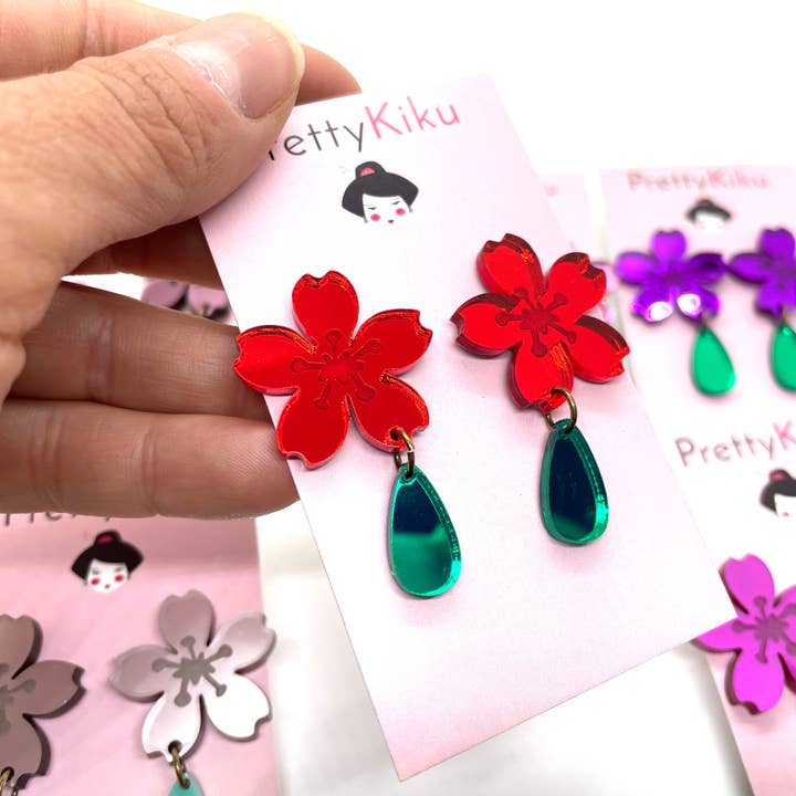 Prettykiku – Engroshandel Hængeøreringe og creoløreringe – Spejl akryl Sakura øreringe - lille